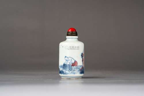 清中期青花釉里红渔家乐图鼻烟壶