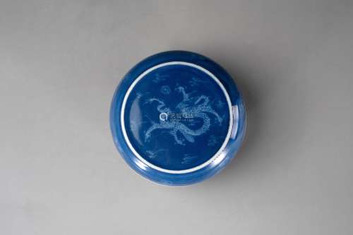 清康熙蓝釉龙纹印泥盒